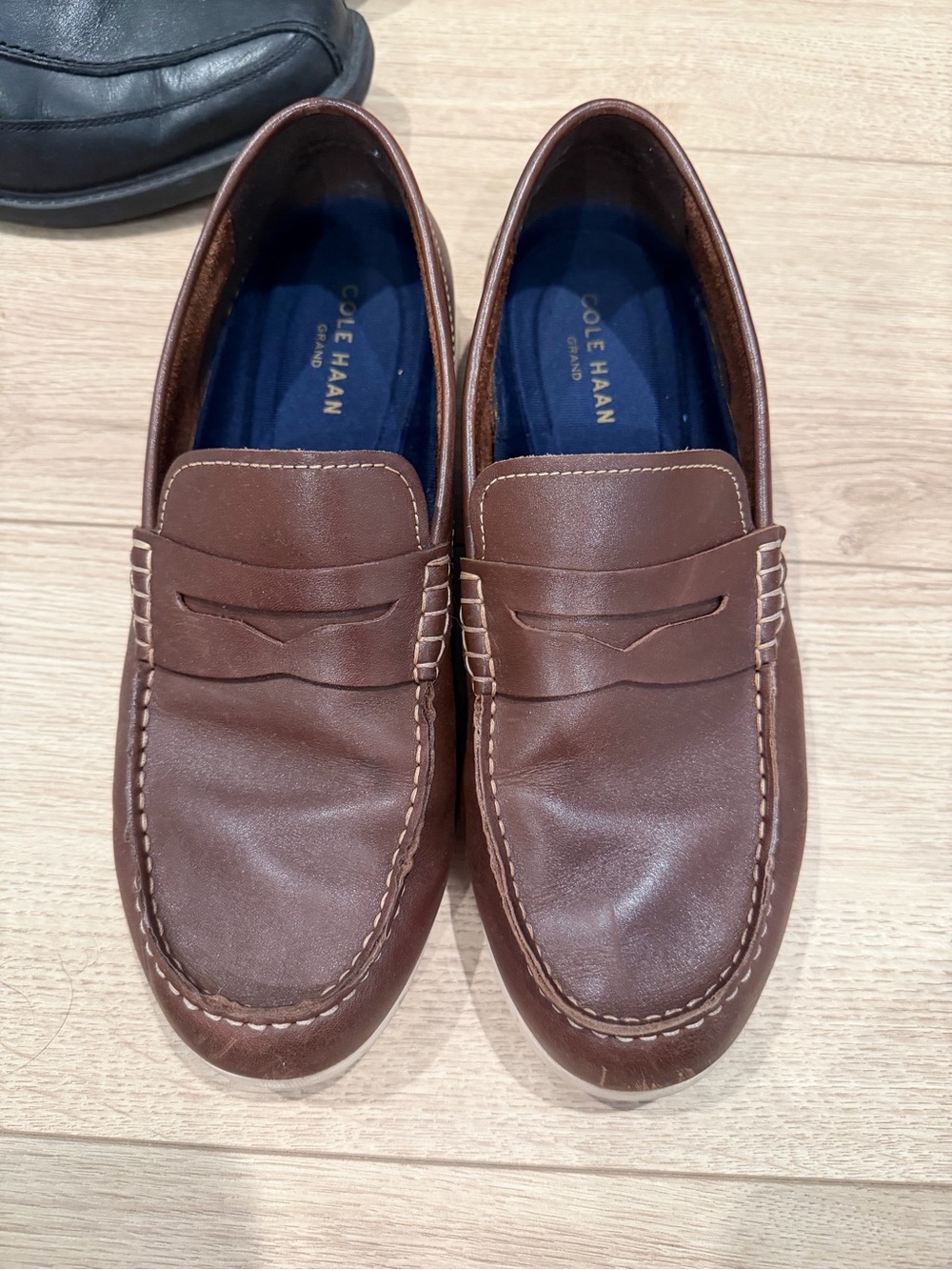 Cole Haan Brown Leather Penny Loafers with Navy Insole
